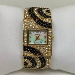 Persona women cuff bracelet watch rhinestones gold tone 24mm Quartz 6.5” running